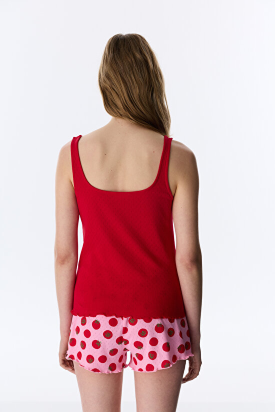Kırmızı Camille Pointel Pamuklu Şortlu Pijama Takımı - 4
