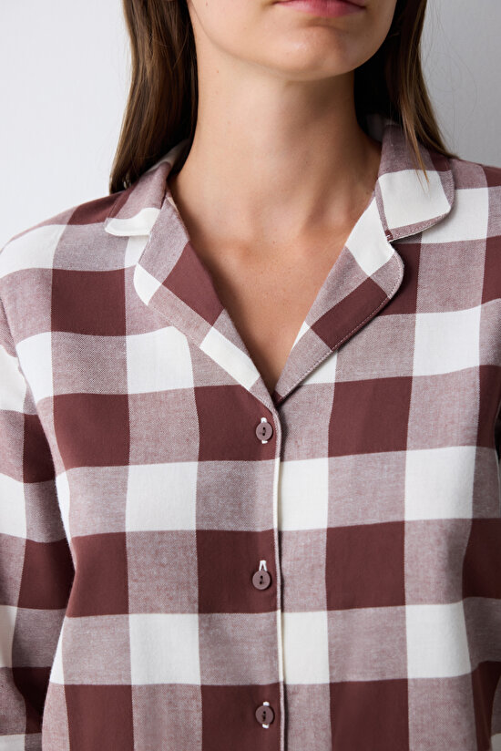 Pamuklu Brown Gingham Kahverengi Gömlek Pantolon Pijama Takımı - 3