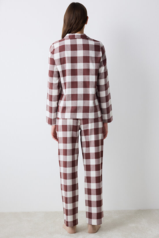Pamuklu Brown Gingham Kahverengi Gömlek Pantolon Pijama Takımı - 4