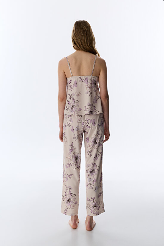 Pastel Bej Petal Saten Pantolon Pijama Altı - 4