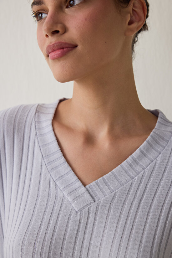 Açık Gri Melanj Cozy V Yaka Uzun Kollu Pijama Takımı - 3
