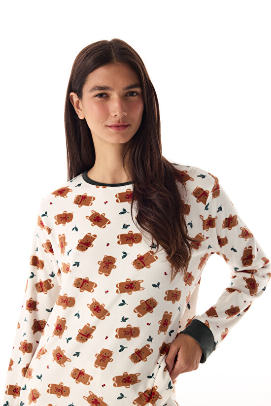 Kırık Beyaz Gingerbread Bisiklet Yaka Uzun Kollu Pijama Takımı - 2