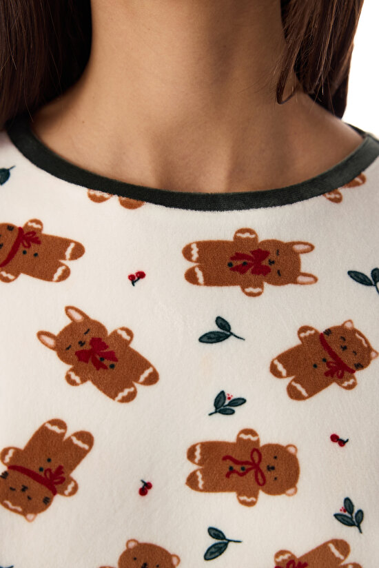 Kırık Beyaz Gingerbread Bisiklet Yaka Uzun Kollu Pijama Takımı - 3