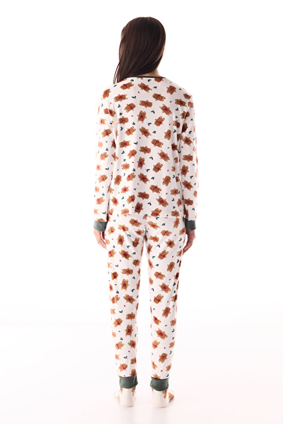 Kırık Beyaz Gingerbread Bisiklet Yaka Uzun Kollu Pijama Takımı - 4