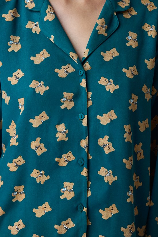 Green Happy Bear Long Sleeve Shirt & Trouser Pyjama Set - 3