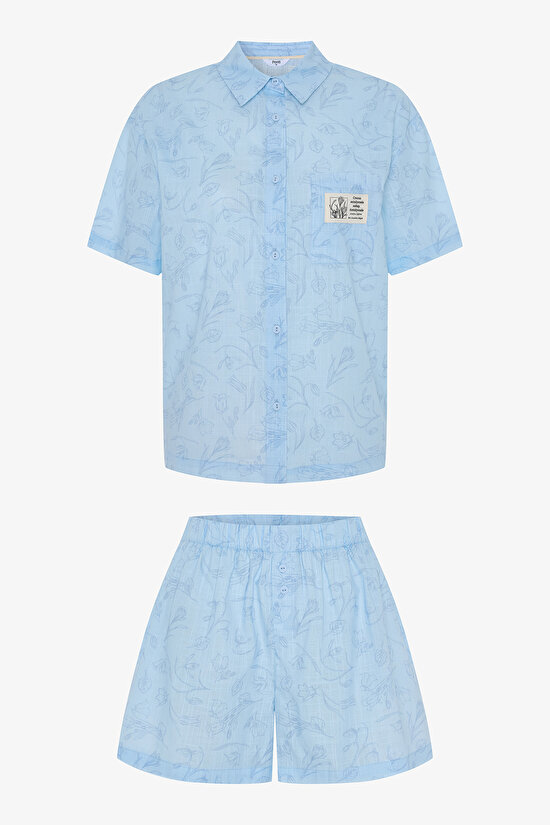 Açık Mavi Antalya Çiğdemi Çiçekli Gömlek Şort Pijama Takımı - 1