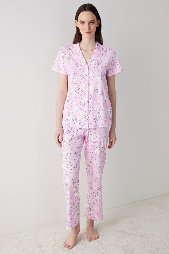 Flora Pembe Gömlek Pantolon Pijama Takımı - 1
