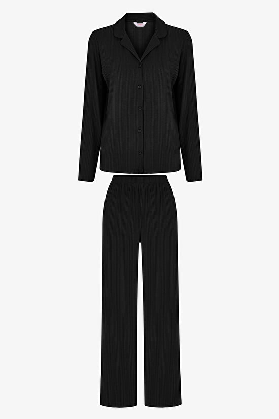 Black Quinn Rib Long Sleeve Shirt & Trouser Pyjama Set - 1
