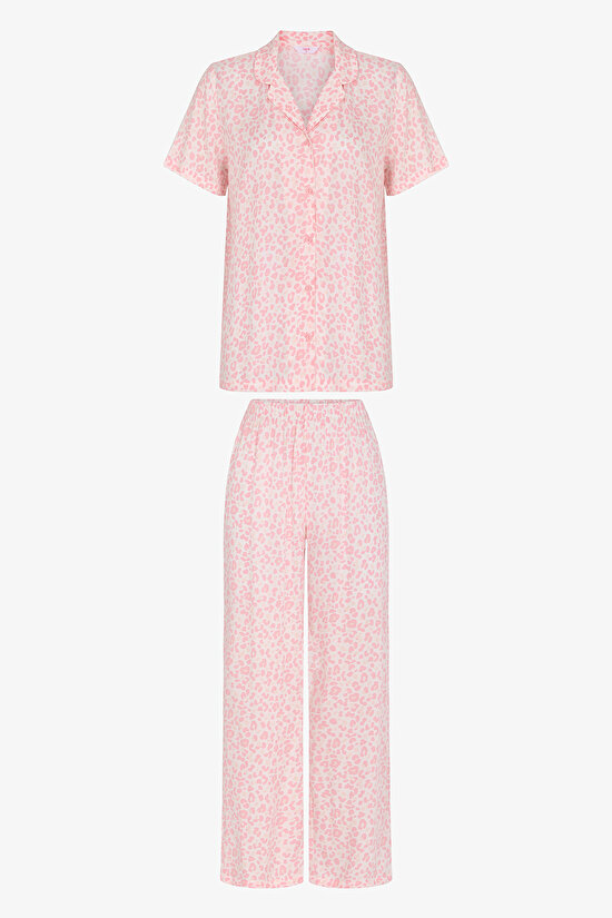 Pembe Pink Leopard Gömlek Pantolon Pijama Takımı - 1