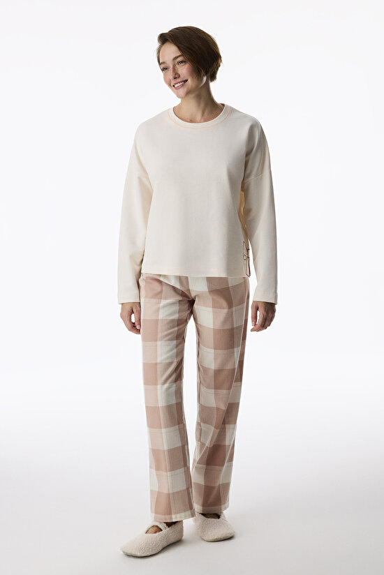 Bej Quinn Checked Flanel Ekoseli Pijama Altı - 3