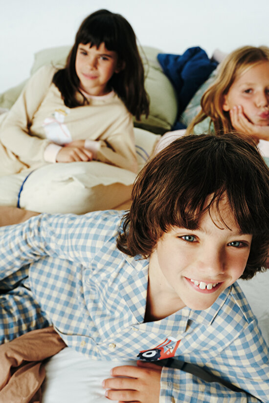 Beige Boys Plaid Button-Down Shirt Pajama Set - 3