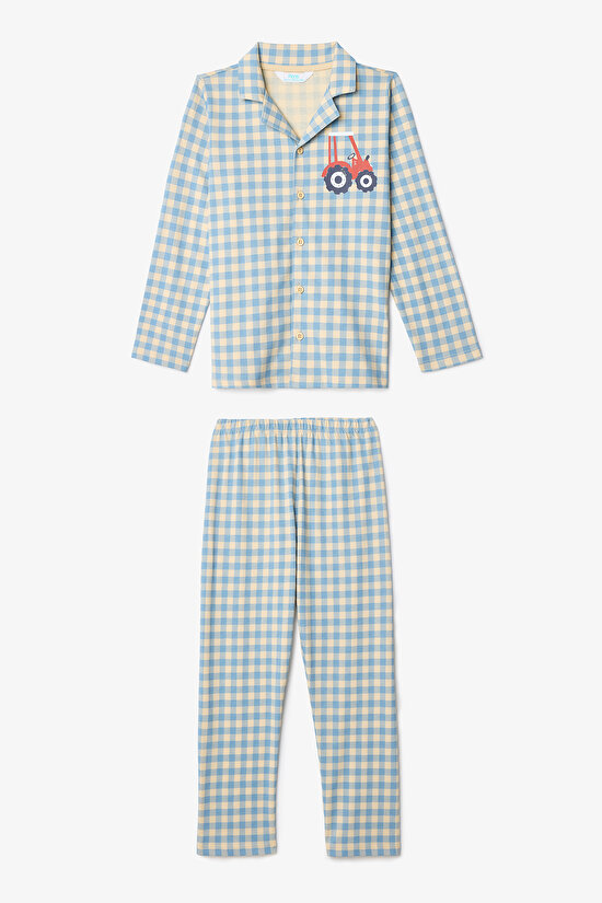 Beige Boys Plaid Button-Down Shirt Pajama Set - 4