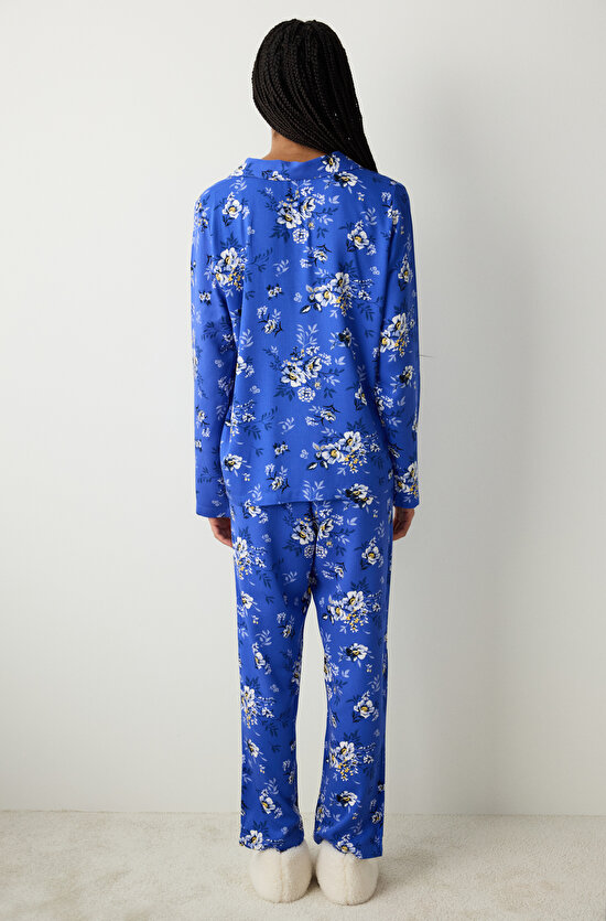 Çiçek Baskılı Saks Mavisi Gömlek Pantolon Pijama Takımı Çiçek Baskılı Saks Mavisi Gömlek Pantolon Pijama Takımı - 4
