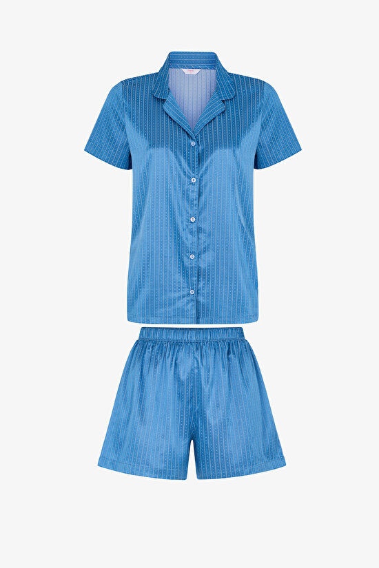 Mavi SkyLine Saten Gömlek Şort Pijama Takımı - 1