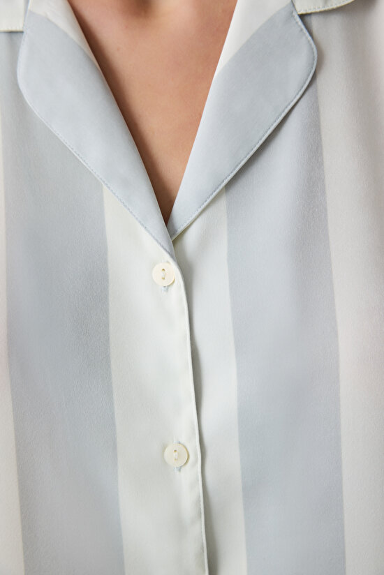 Aria Saten Gri Çok Renkli Gömlek Pantolon Çizgili Pijama Takımı - 3