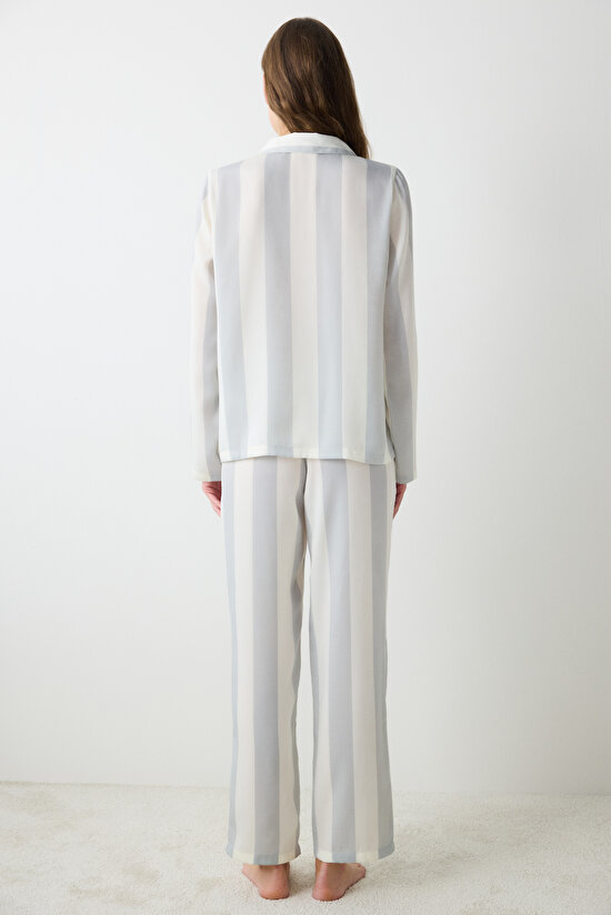 Aria Saten Gri Çok Renkli Gömlek Pantolon Çizgili Pijama Takımı - 4