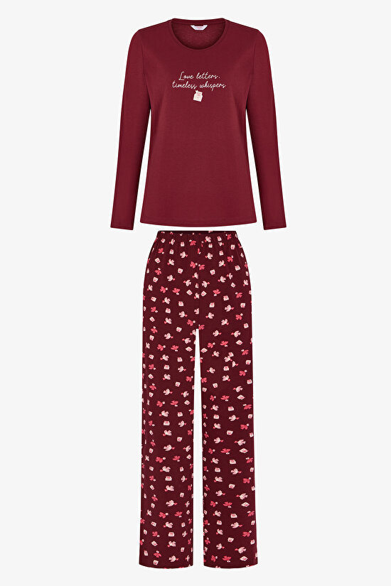 Bordo Letters Kuş Desenli Uzun Kollu Pantolon Pijama Takımı - 1