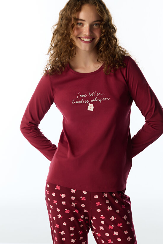 Bordo Letters Kuş Desenli Uzun Kollu Pantolon Pijama Takımı - 2