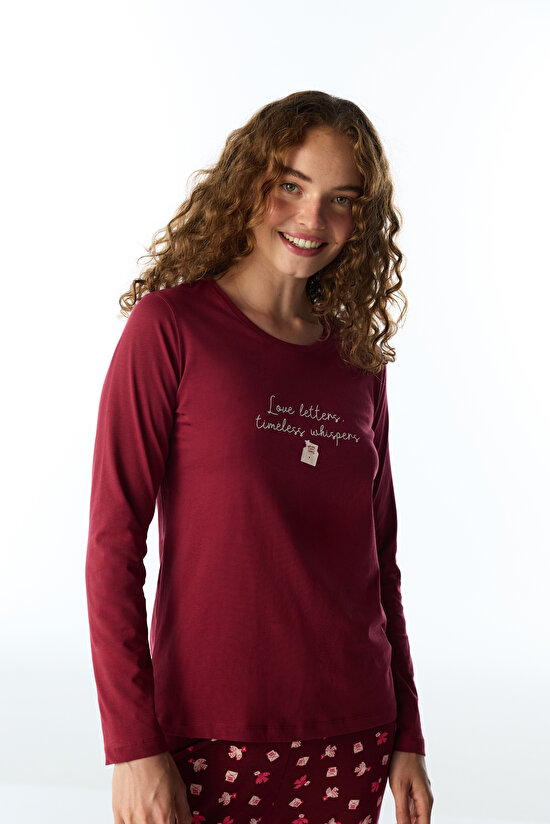 Bordo Letters Kuş Desenli Uzun Kollu Pantolon Pijama Takımı - 3