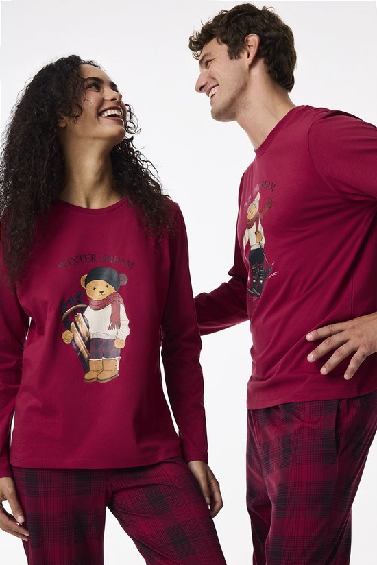 Bordo Winter Dream Ayı Desenli Pamuklu Uzun Kollu Pantolon Pijama Takımı - 1