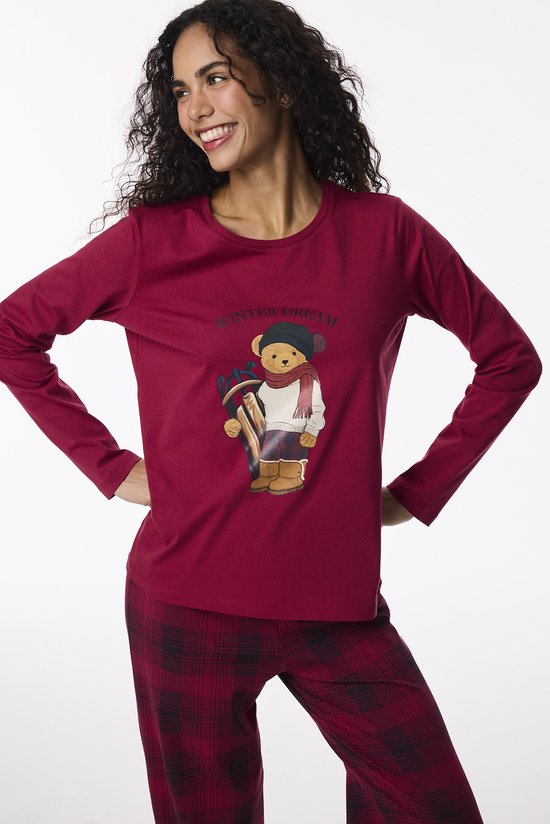 Bordo Winter Dream Ayı Desenli Pamuklu Uzun Kollu Pantolon Pijama Takımı - 3