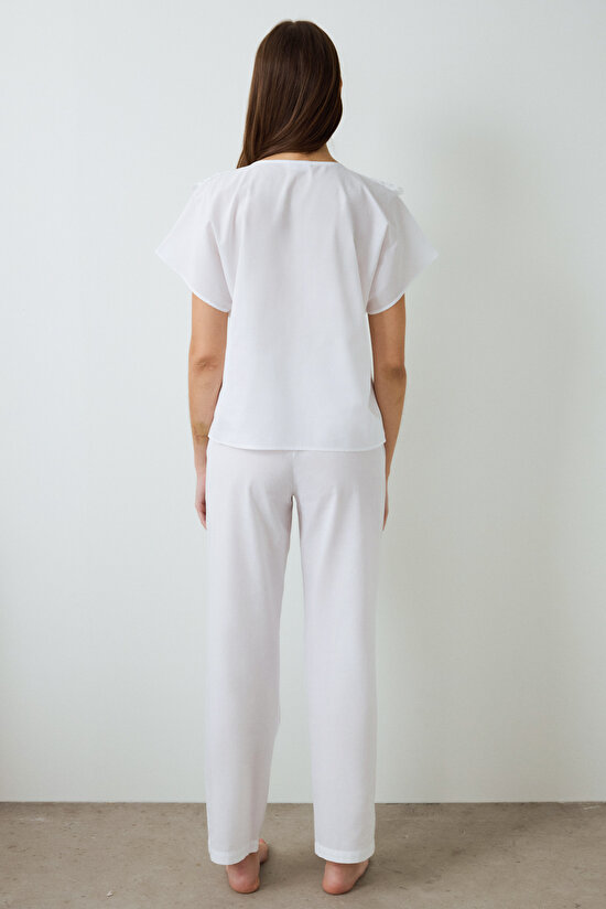 Optik Beyaz Alia Dantelli V Yaka Pamuklu Kısa Kollu Pijama Takımı - 3