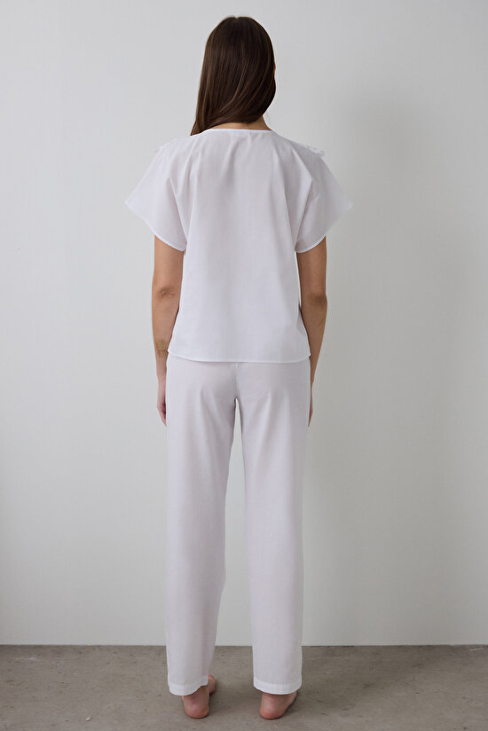 Optik Beyaz Alia Dantelli V Yaka Pamuklu Kısa Kollu Pijama Takımı - 4