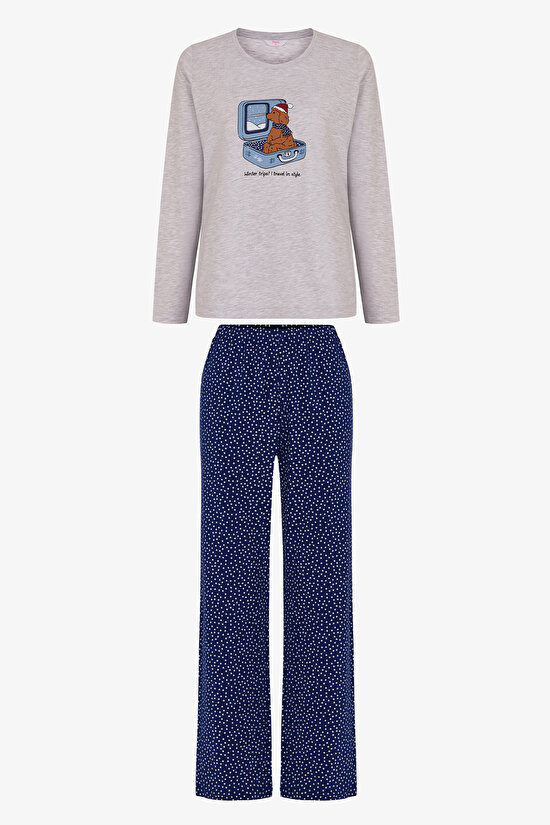 Gri Melanj Winter Trip Noel Desenli Uzun Kollu Pantolon Pijama Takımı - 1