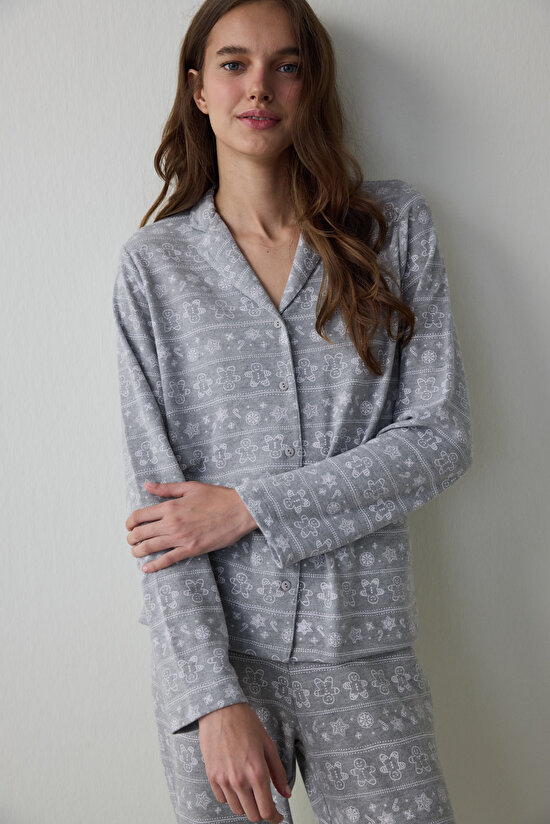Grey Melange Gingerbread Shirt Collar Thermal Effect Pajama Set - 2