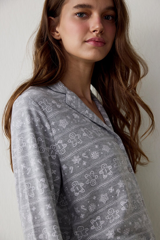 Grey Melange Gingerbread Shirt Collar Thermal Effect Pajama Set - 3