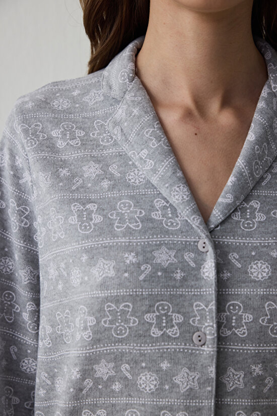 Grey Melange Gingerbread Shirt Collar Thermal Effect Pajama Set - 4