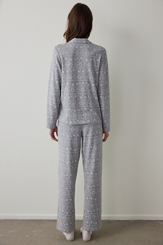 Grey Melange Gingerbread Shirt Collar Thermal Effect Pajama Set - 5