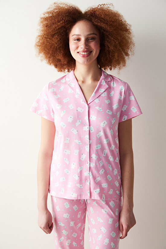 Cuteness Printed Pembe Gömlek Pantolon Pijama Takımı - 3