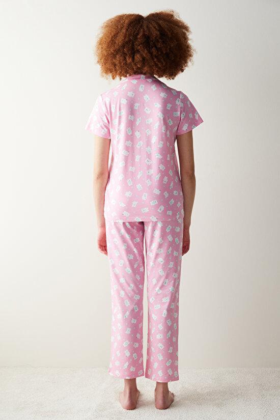 Cuteness Printed Pembe Gömlek Pantolon Pijama Takımı - 5