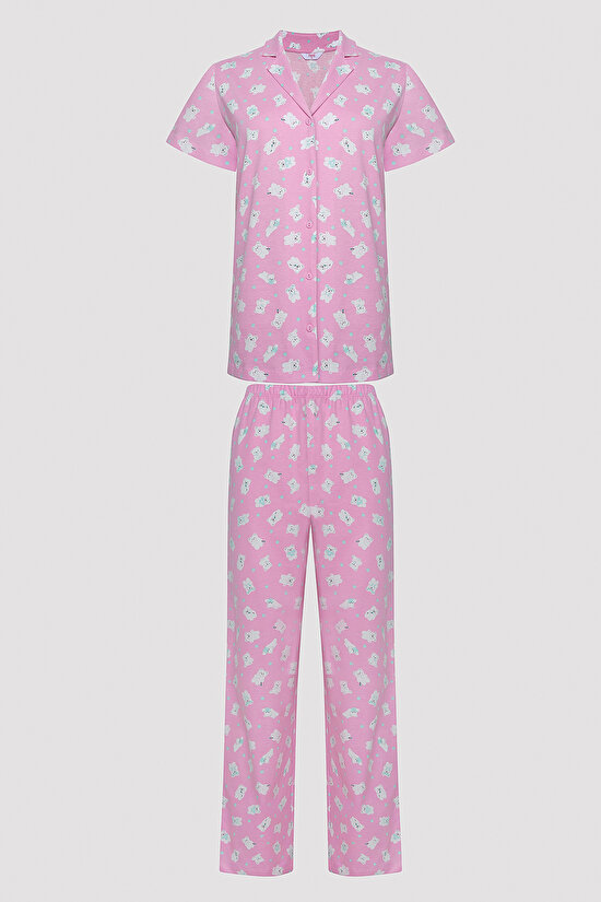 Cuteness Printed Pembe Gömlek Pantolon Pijama Takımı - 6