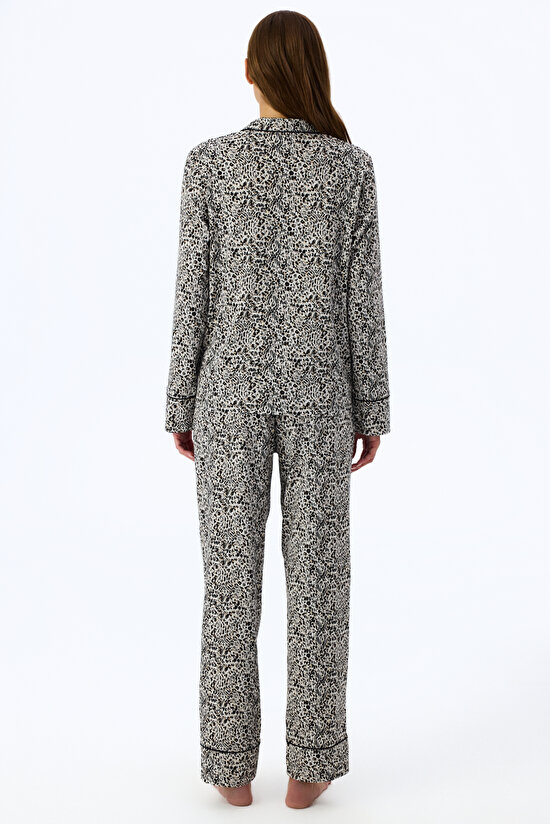 Ecru Noir Garden Leopard Print Long Sleeve Shirt & Trouser Pyjama Set - 3