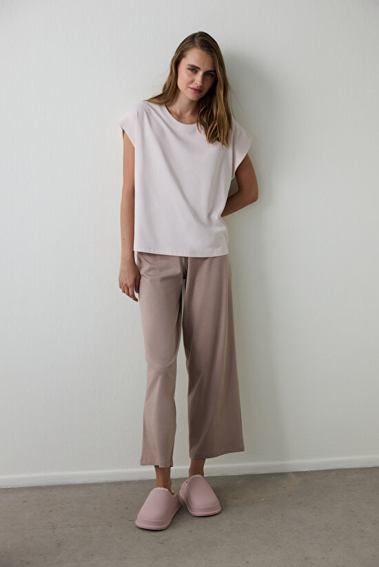 Bej Weekend Time Bisiklet Yaka Pamuklu Kısa Kollu Pijama Üstü - 4