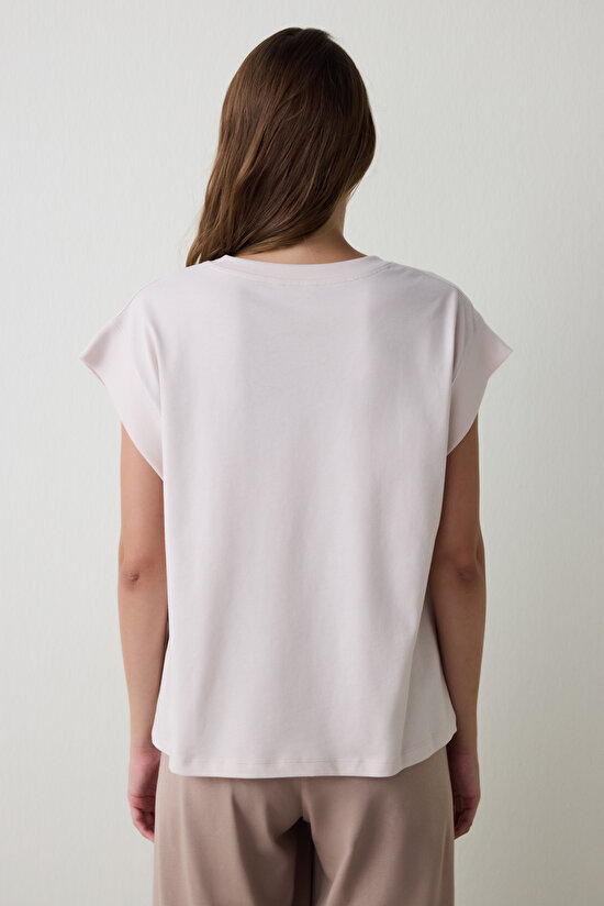 Bej Weekend Time Bisiklet Yaka Pamuklu Kısa Kollu Pijama Üstü - 5