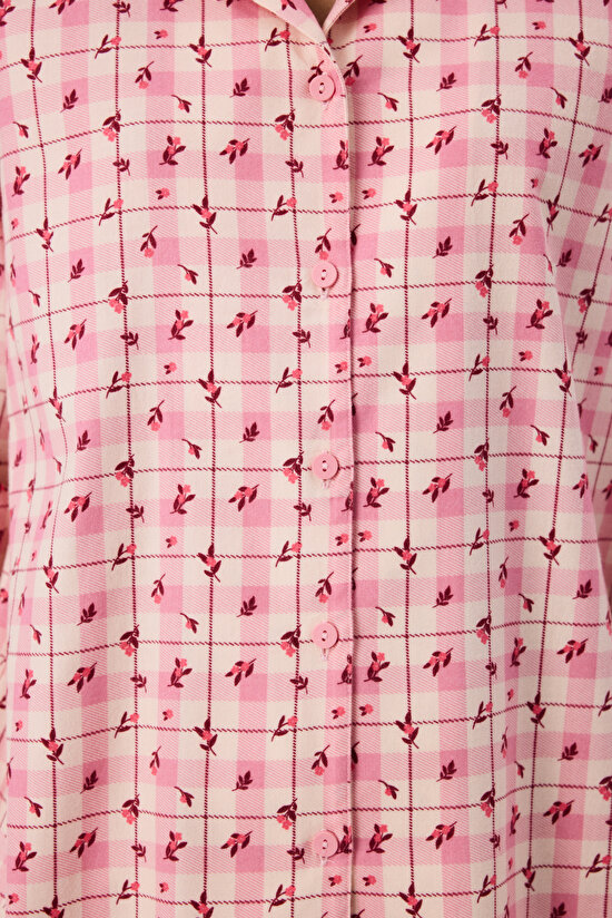 Açık Pembe Floral Garden Ekoseli Uzun Kollu Gömlek Pantolon Pijama Takımı - 3