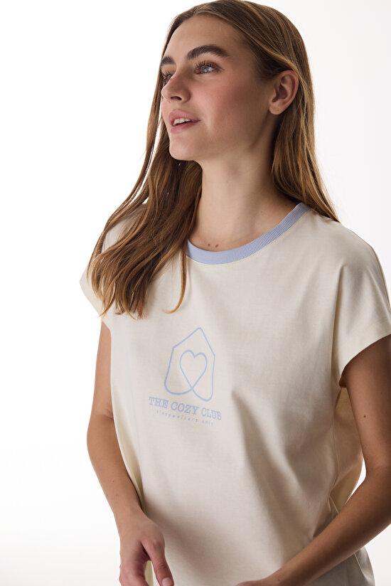 Light Beige Cozy Club T-Shirt Pajama Top - 1