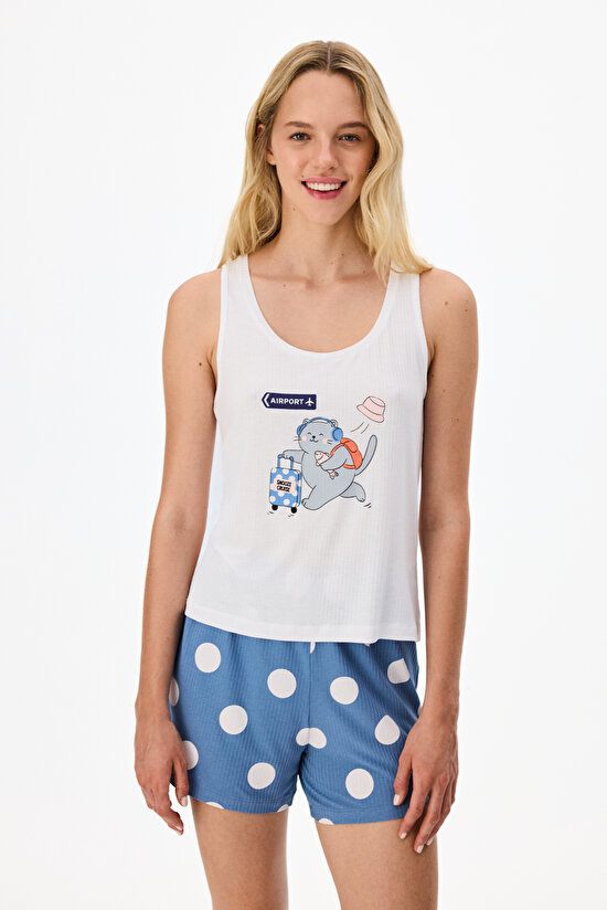 Mavi Snooze Cruise Kedi Desenli Şort Pijama Takımı - 1