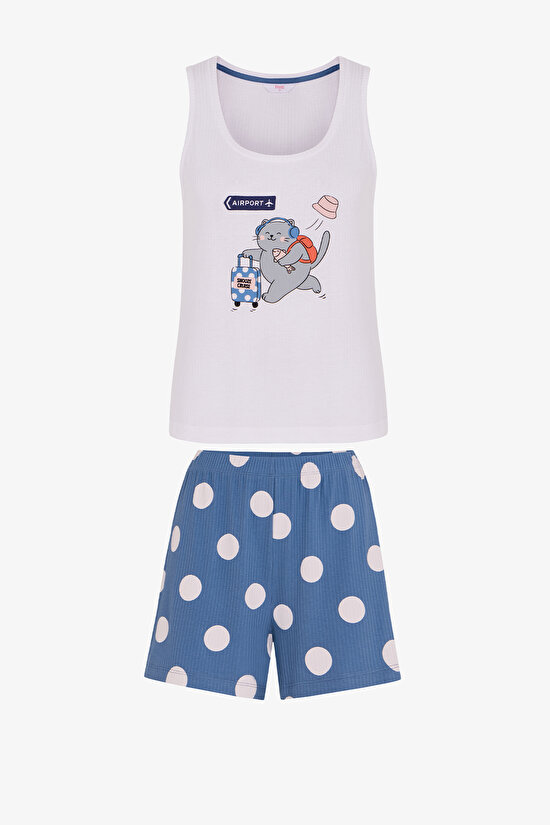Mavi Snooze Cruise Kedi Desenli Şort Pijama Takımı - 3