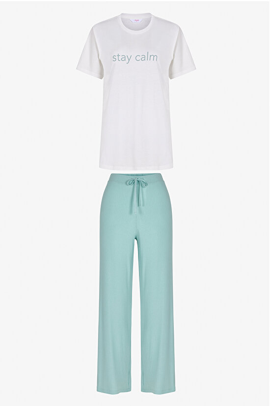 Mint Yeşili Mama Stay Calm Pantolon Pijama Takımı - 1