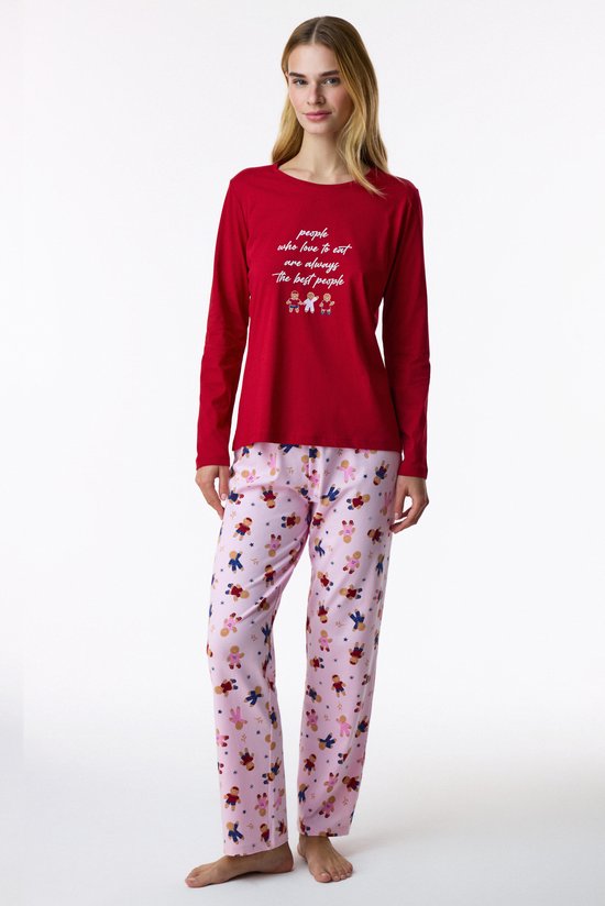 Red Gingerbread Christmas Print Long Sleeve Pyjama Set with Trousers - 1