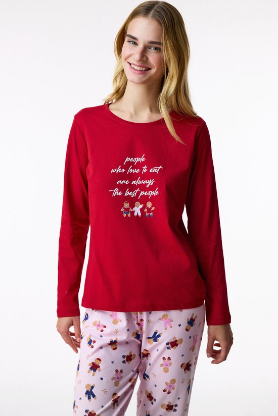 Red Gingerbread Christmas Print Long Sleeve Pyjama Set with Trousers - 2
