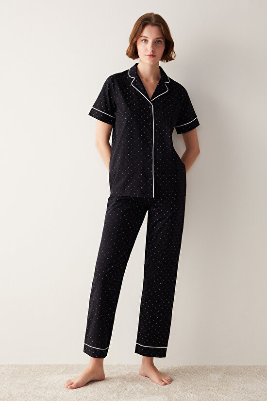 White Dotted Siyah Gömlek Pantolon Pijama Takımı - 2