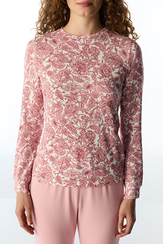 Pembe Countryside Baskılı Çiçekli Uzun Kollu Tişört Pijama Üstü - 3