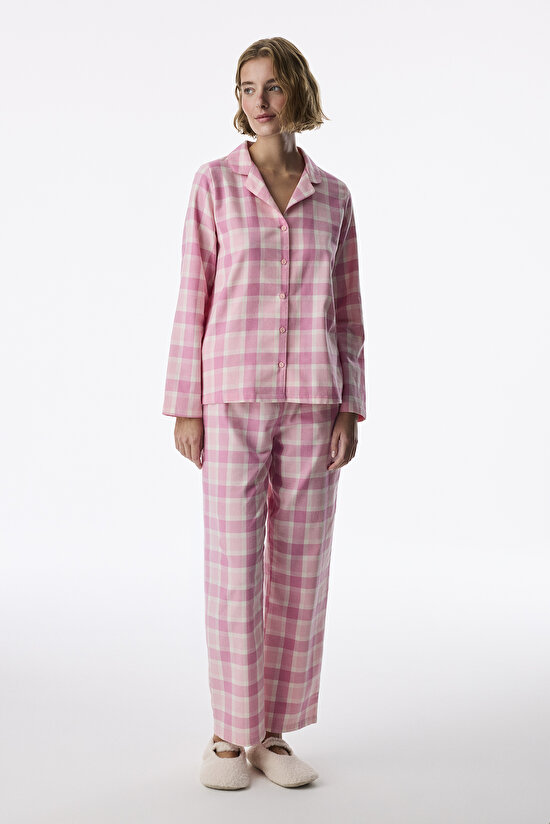 Pembe Cozy Pink Checked Ekoseli Uzun Kollu Gömlek Pantolon Pijama Takımı - 2