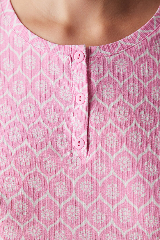 Flora Printed Pembe Pantolon Pijama Takımı - 4