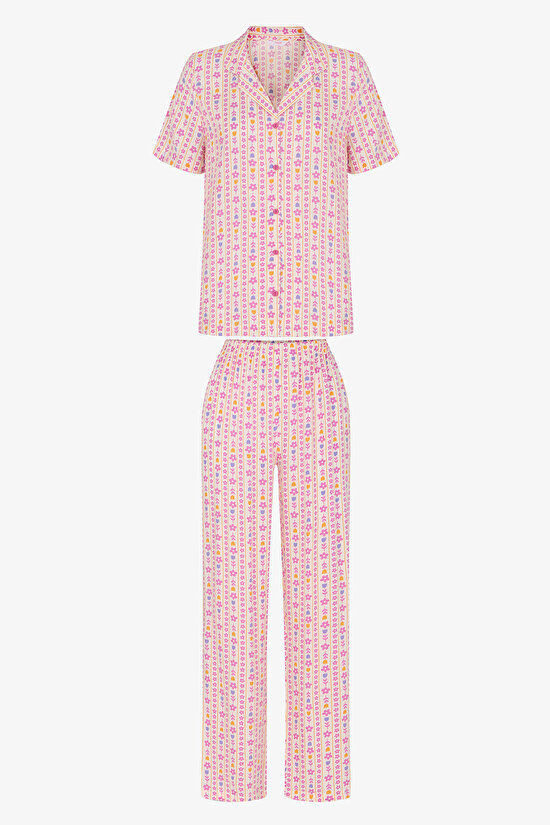 Flora Çiçekli Kısa Kollu Gömlek Pantolon Pijama Takımı - 1